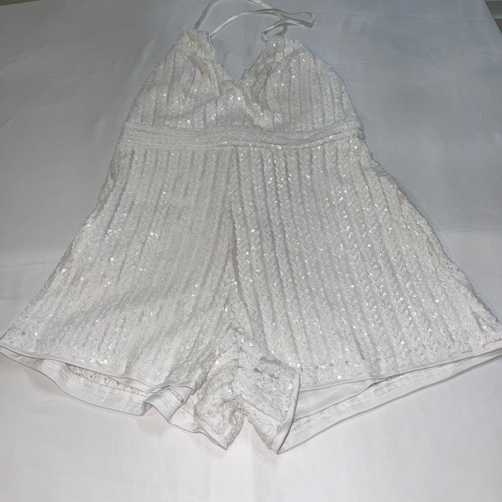Lulus Womens M White Sequin Romper Halter Backless Bridal Bachelorette Party